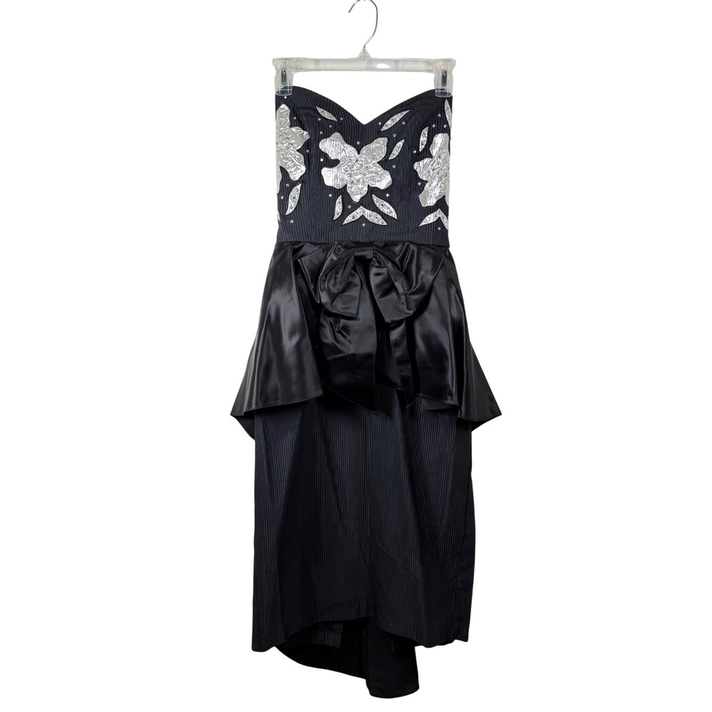 Black Strapless peplum bow homecoming dress 80s floral beaded ribbed gown formal